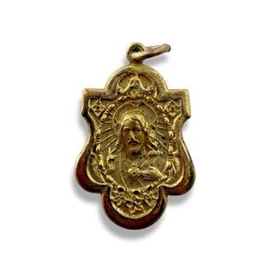 Vintage Art Nouveau Sacred Heart of Jesus Brass Plated Medal Charm Pendant